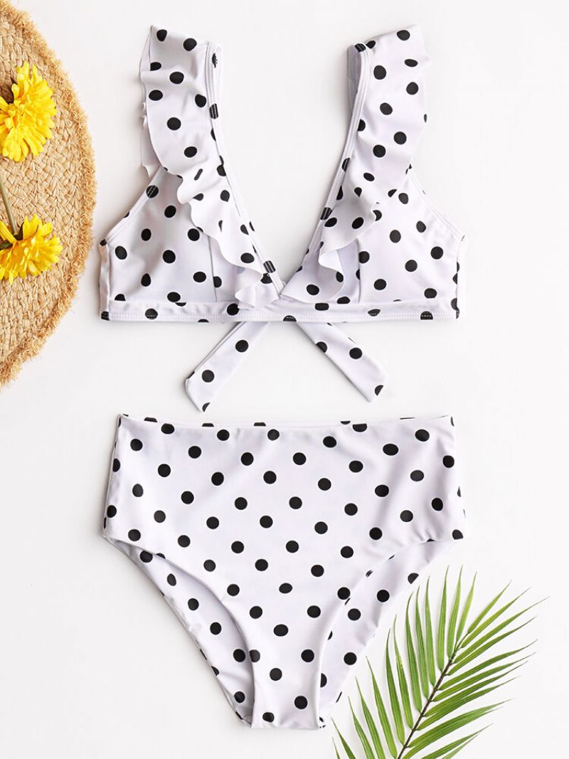 Kvinner High Waist Bikini Polka Dot Tie Front Volangermer Badetøy