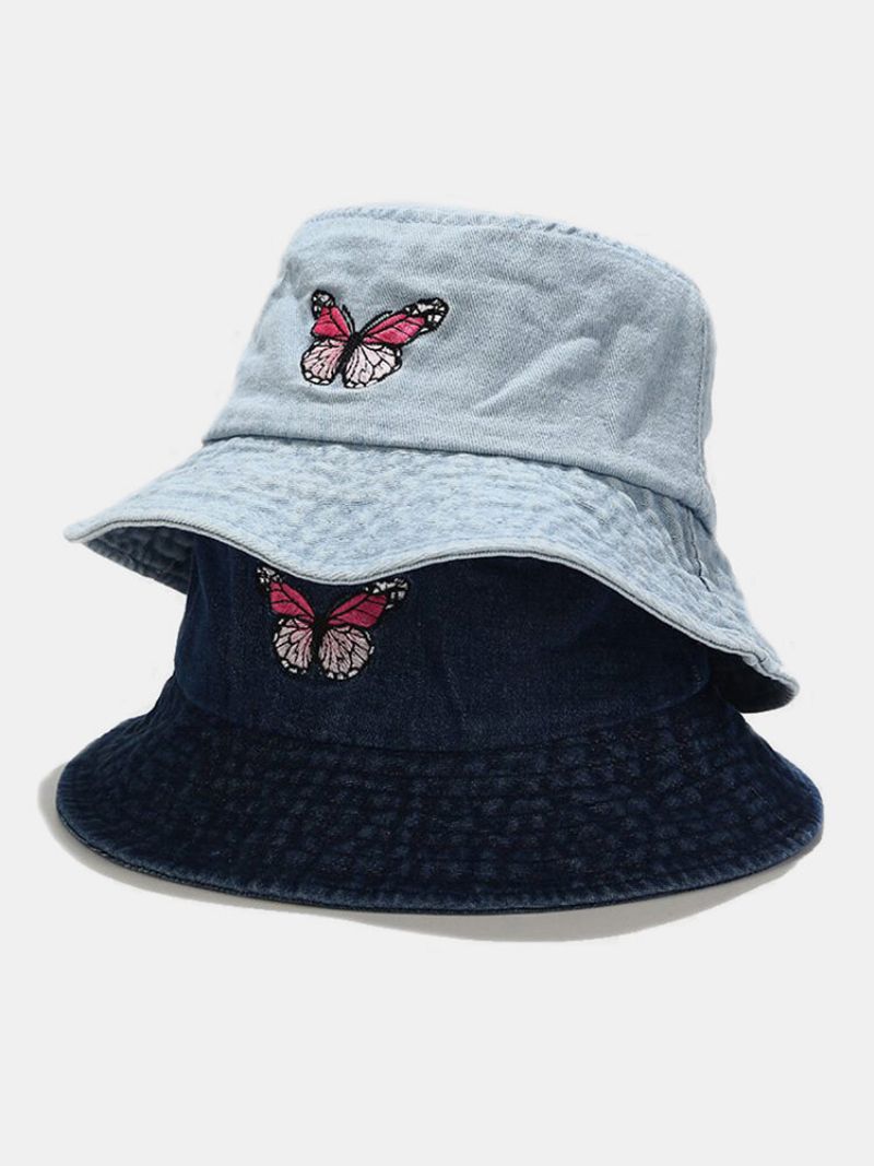 Kvinner Og Menn Broderi Sommerfuglmønster Denim Utendørs Uformell Solskjerm Bucket Hat