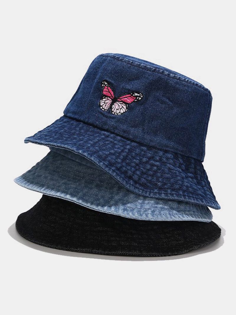 Kvinner Og Menn Broderi Sommerfuglmønster Denim Utendørs Uformell Solskjerm Bucket Hat