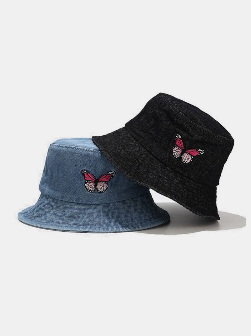 Kvinner Og Menn Broderi Sommerfuglmønster Denim Utendørs Uformell Solskjerm Bucket Hat