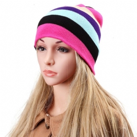 Kvinner Strikket Flerfarge Stripe Beanie Cap Uformell Sammenleggbar Varm Hodelue