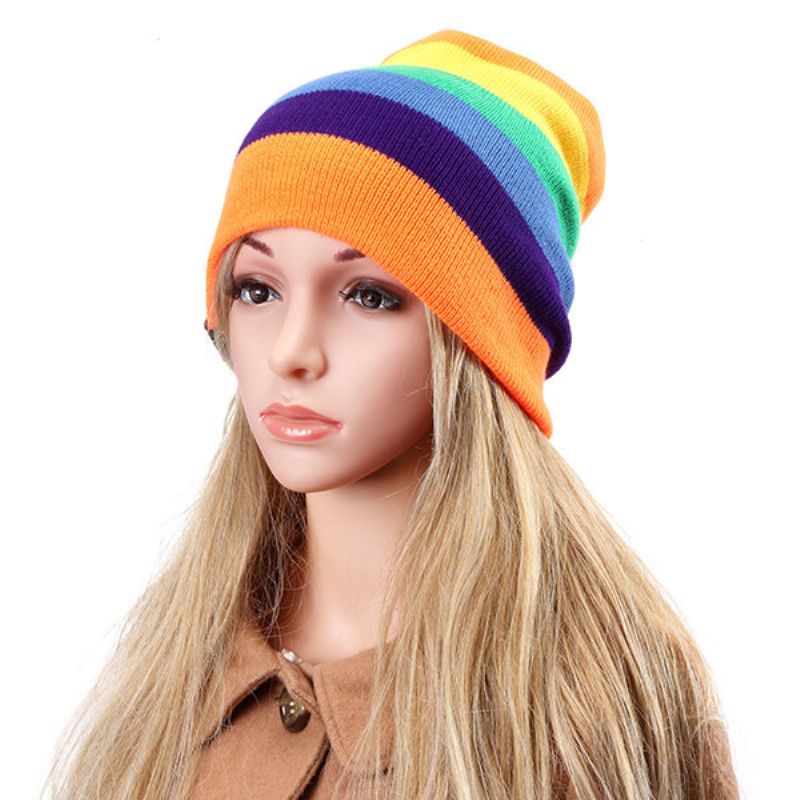 Kvinner Strikket Flerfarge Stripe Beanie Cap Uformell Sammenleggbar Varm Hodelue