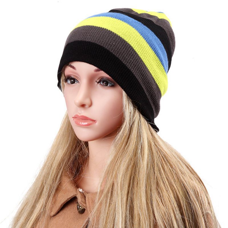 Kvinner Strikket Flerfarge Stripe Beanie Cap Uformell Sammenleggbar Varm Hodelue