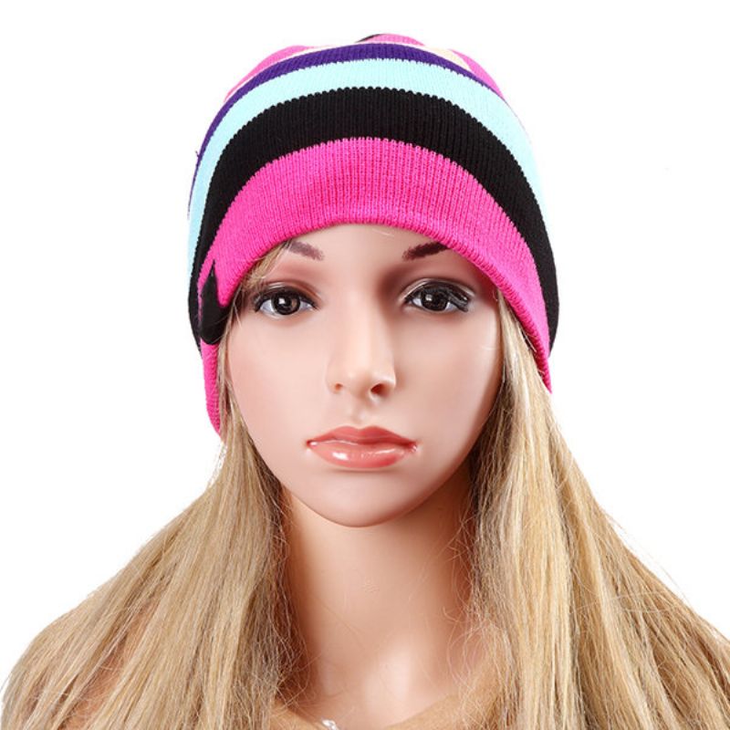 Kvinner Strikket Flerfarge Stripe Beanie Cap Uformell Sammenleggbar Varm Hodelue