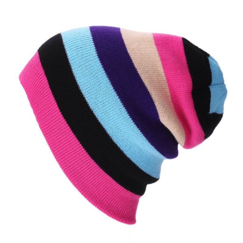 Kvinner Strikket Flerfarge Stripe Beanie Cap Uformell Sammenleggbar Varm Hodelue