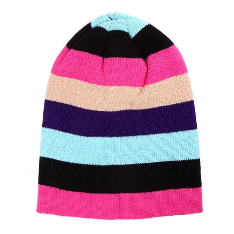 Kvinner Strikket Flerfarge Stripe Beanie Cap Uformell Sammenleggbar Varm Hodelue