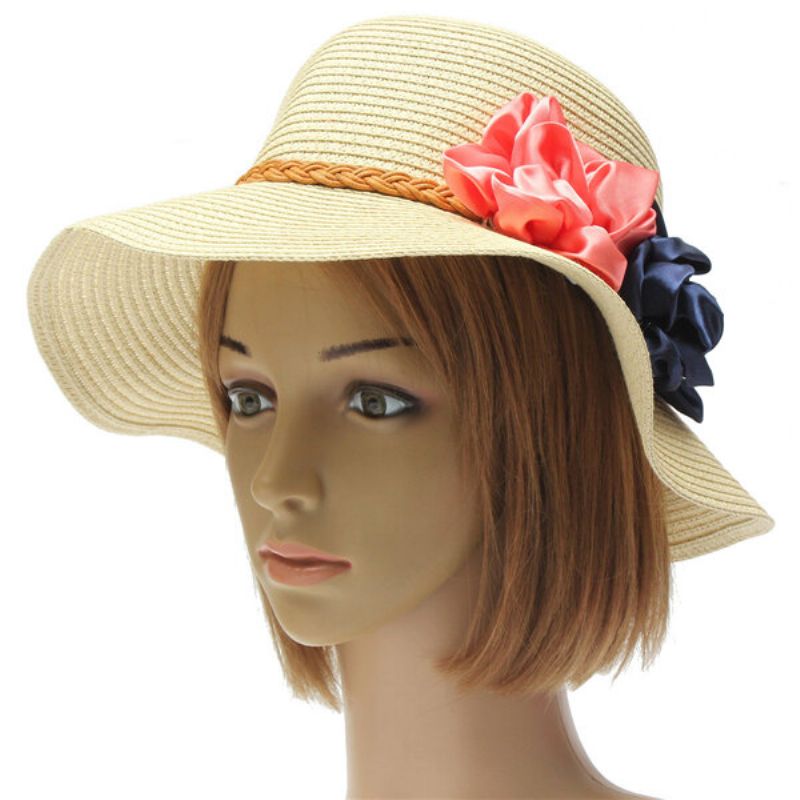 Kvinner Trilby Beach Sun Hat Flower Elegant Straw Floppy Travel Cap