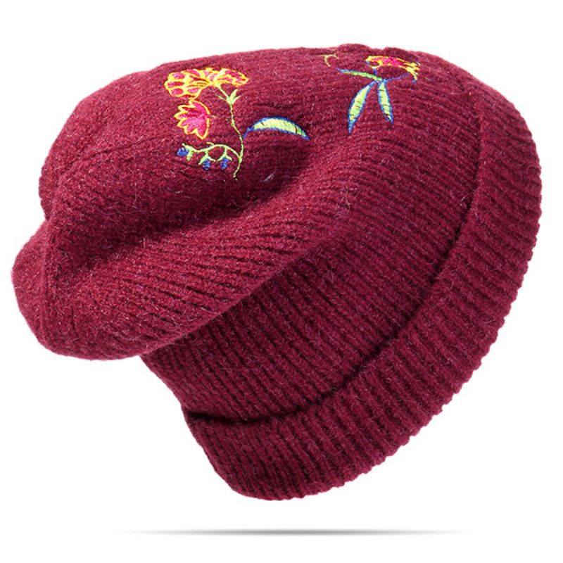 Kvinner Ull Broderi Varme Strikkede Luer Vinter Uformell Elastisk Beanie Cap