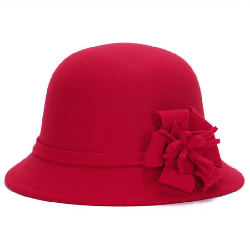 Kvinner Vintage Imitert Ull Blomst Filt Kjole Lue Varm Solskjerm Cloche Bøtte Cap