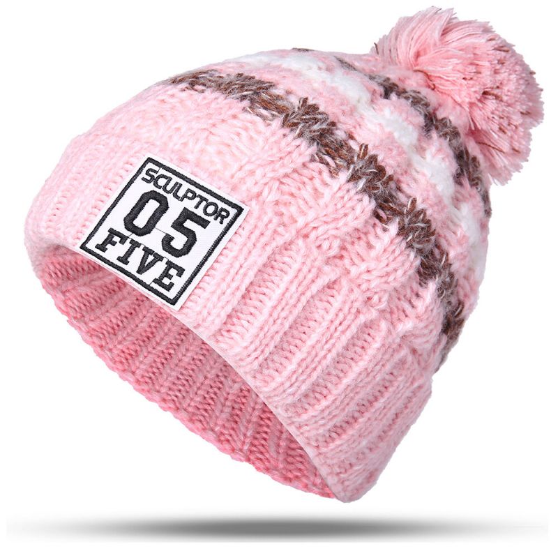 Kvinner Vinterlue Skjerf Hansker Sett Bomull Kintted Pompom Luer Stripe Tykk Beanie Kragehansker