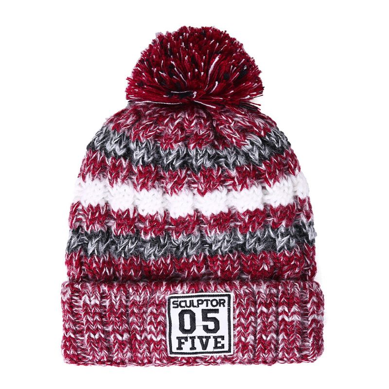 Kvinner Vinterlue Skjerf Hansker Sett Bomull Kintted Pompom Luer Stripe Tykk Beanie Kragehansker