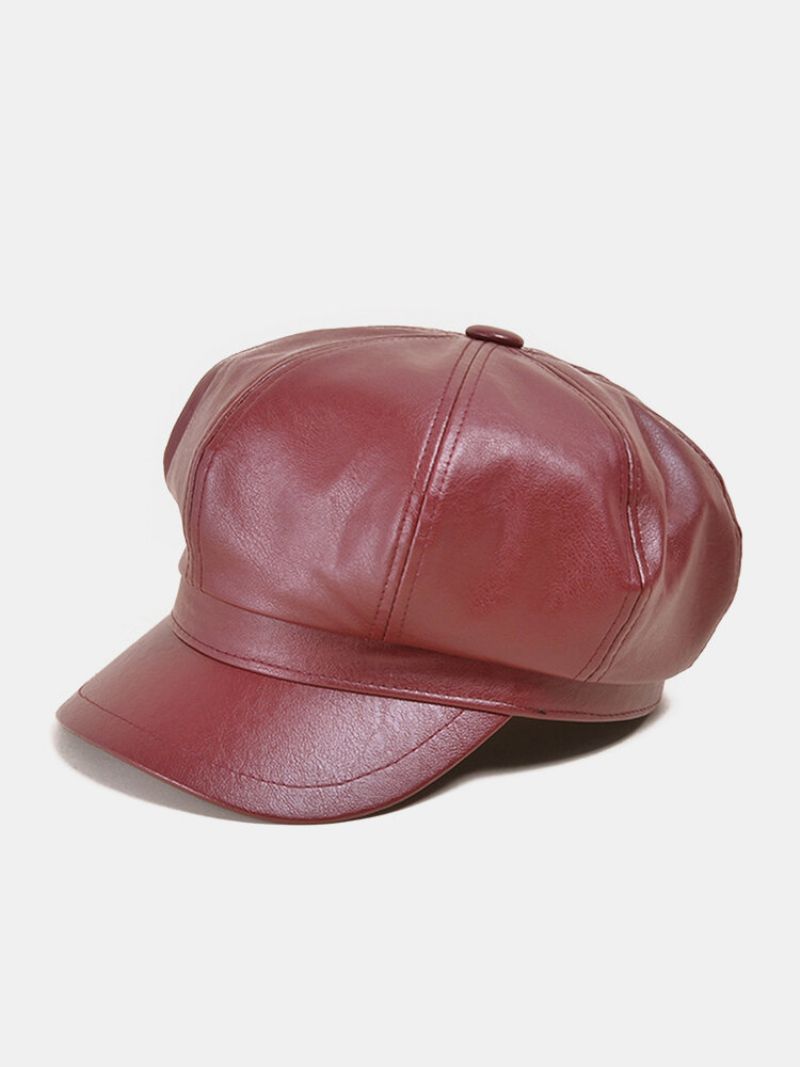 Kvinners Imitert Skinn Utendørs Retro Casual Åttekant Lue Beret Flat Cap