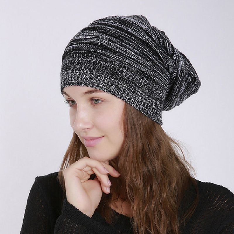 Kvinners Solid Stripe Strikket Skullies Beanie Lue Casual Ørebeskyttelse Vindtett Varm Utendørs Lue