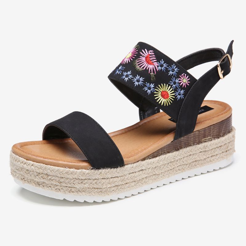 Lostisy Kvinner Blomster Brodert Slingback Espadrilles Spenne Plattform Sandaler