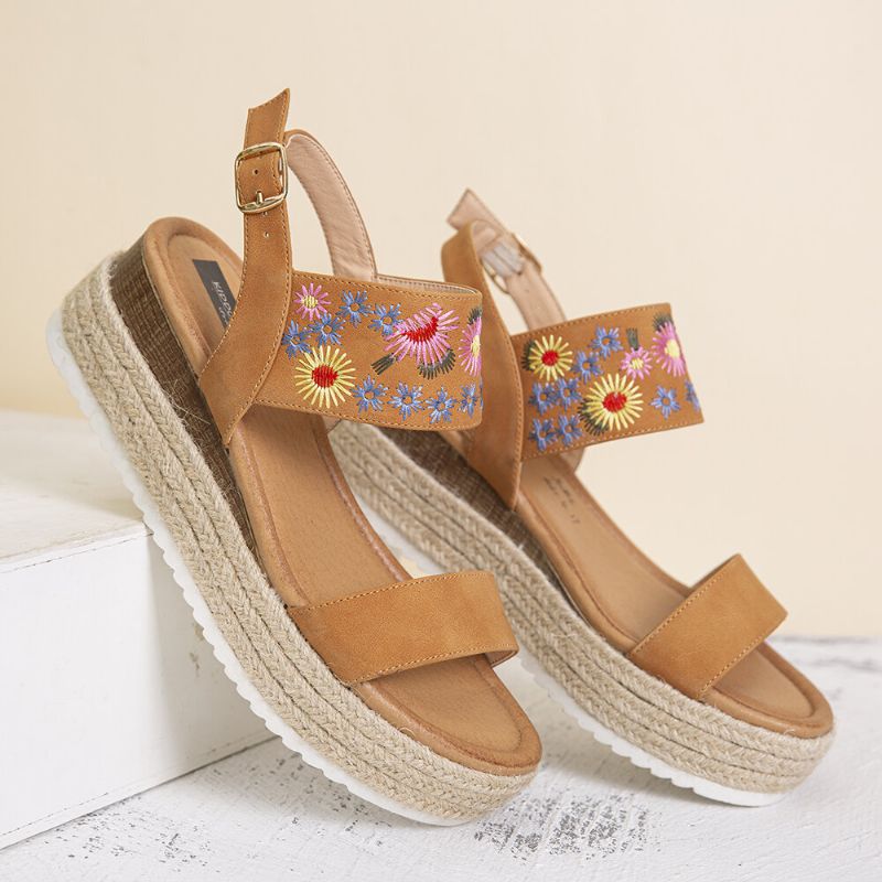 Lostisy Kvinner Blomster Brodert Slingback Espadrilles Spenne Plattform Sandaler