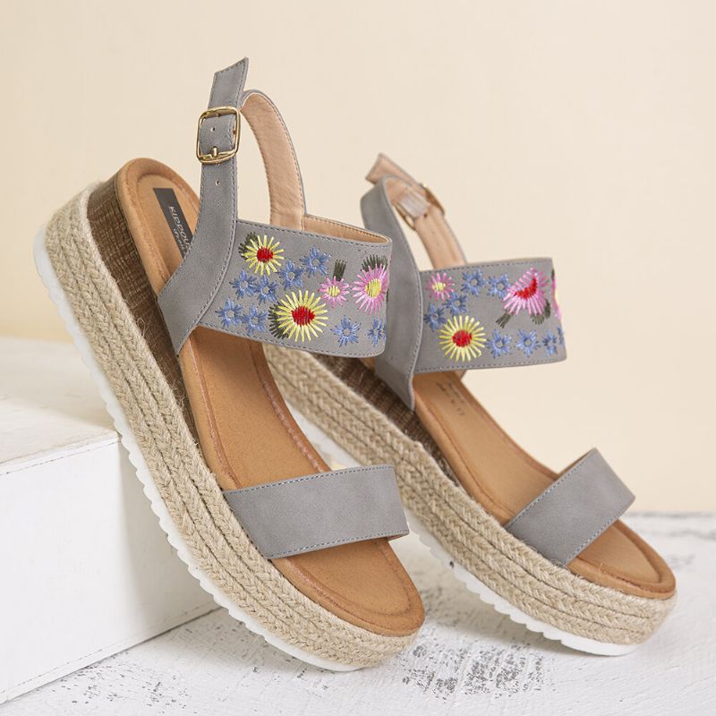 Lostisy Kvinner Blomster Brodert Slingback Espadrilles Spenne Plattform Sandaler