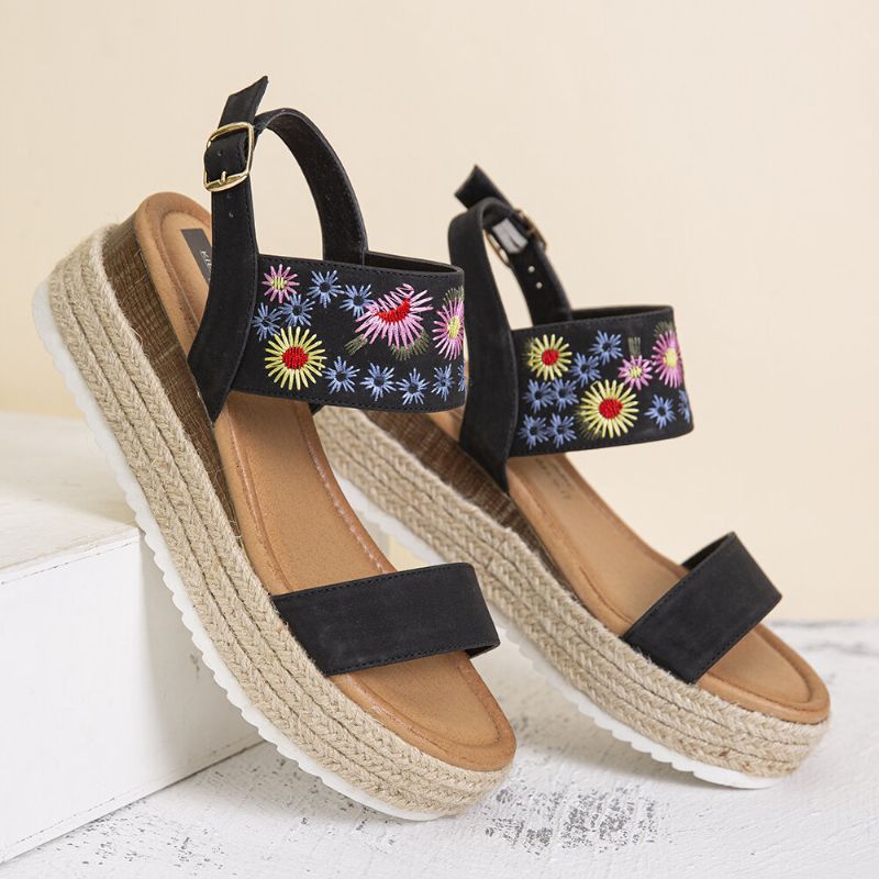 Lostisy Kvinner Blomster Brodert Slingback Espadrilles Spenne Plattform Sandaler