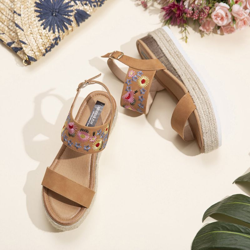 Lostisy Kvinner Blomster Brodert Slingback Espadrilles Spenne Plattform Sandaler