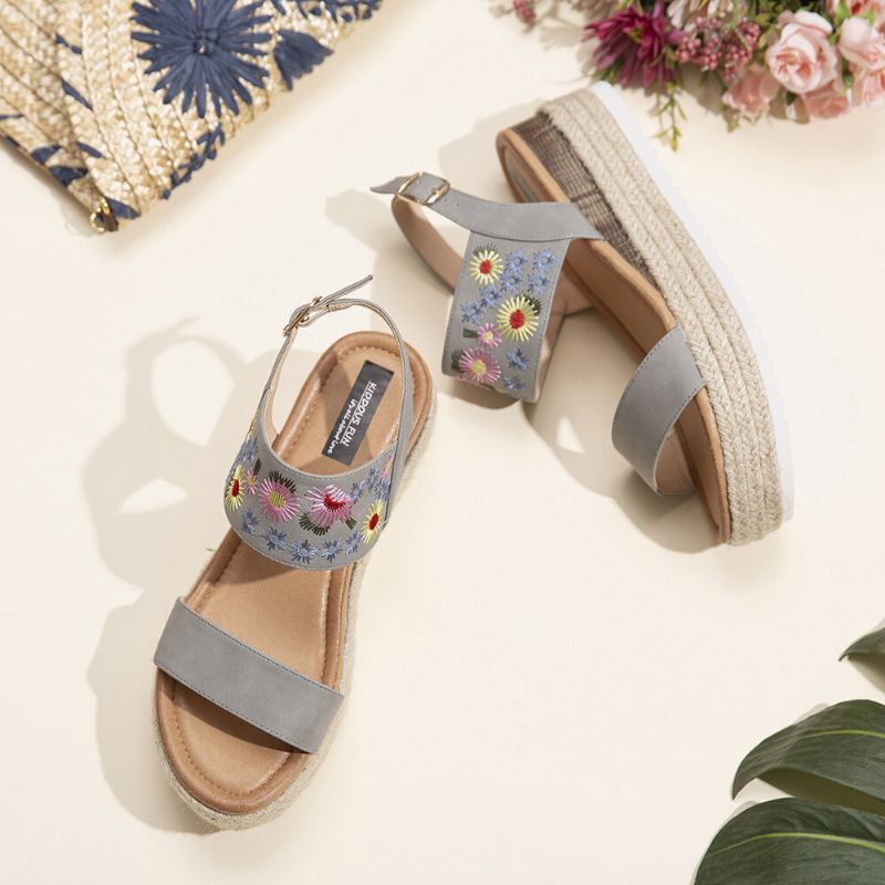 Lostisy Kvinner Blomster Brodert Slingback Espadrilles Spenne Plattform Sandaler