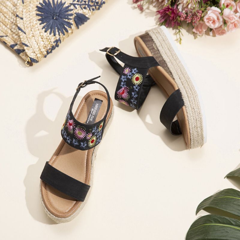 Lostisy Kvinner Blomster Brodert Slingback Espadrilles Spenne Plattform Sandaler