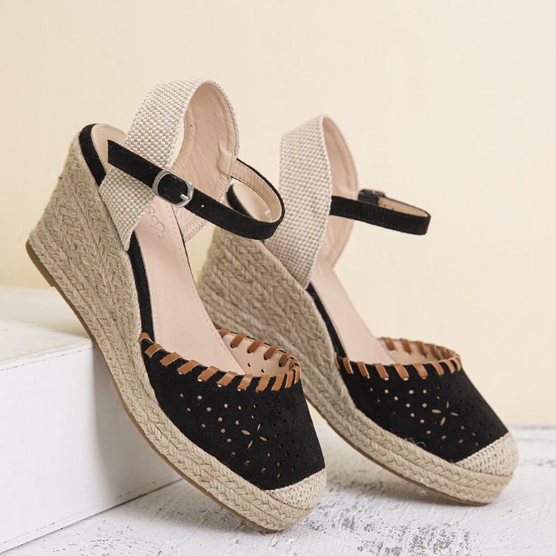 Lostisy Kvinner Hollow Comfy Closed Toe Spenne Strap Espadrille Wedges Sandaler