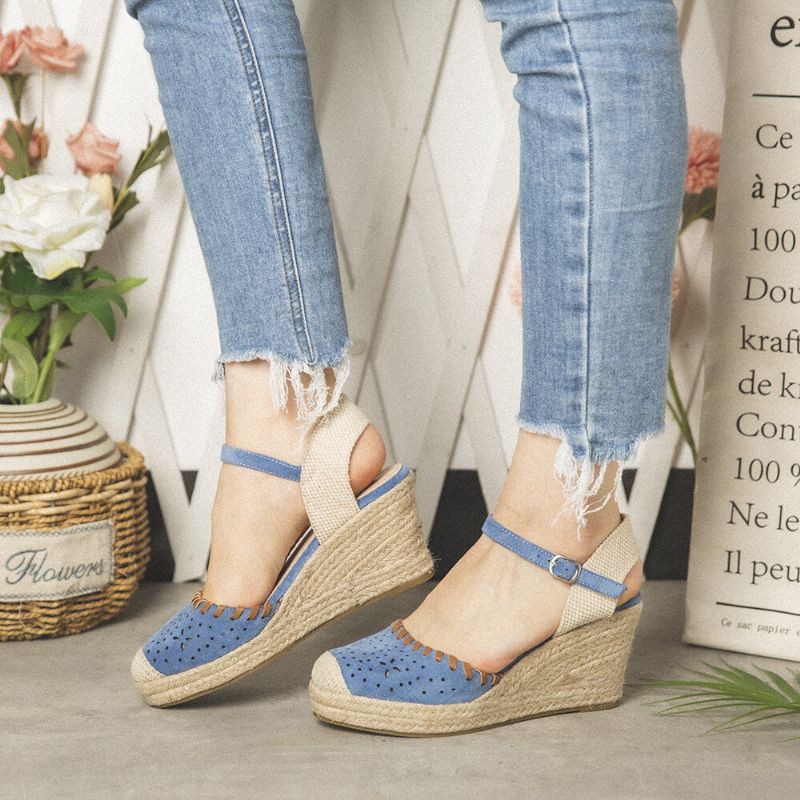 Lostisy Kvinner Hollow Comfy Closed Toe Spenne Strap Espadrille Wedges Sandaler