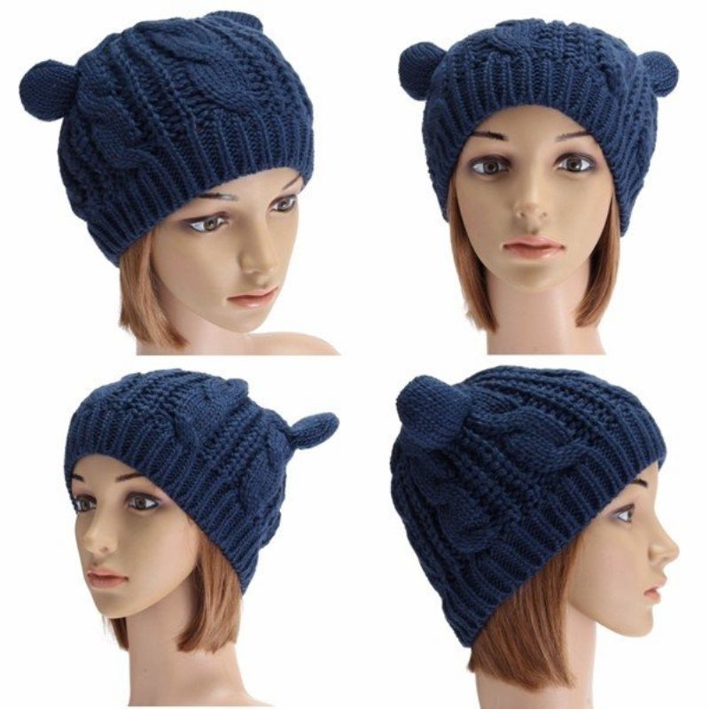 Søt Cat Ear Devil Slouch Beanie Lue Heklet Strikket Flettet Vinter Varm Cap