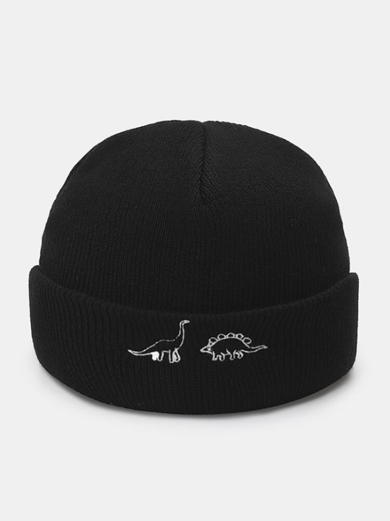 Unisex Akrylstrikket Dinosaurmønsterbroderi All Match Warmth Brimless Beanie Hat