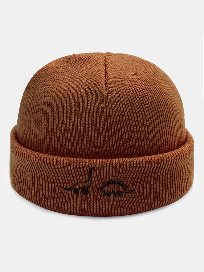 Unisex Akrylstrikket Dinosaurmønsterbroderi All Match Warmth Brimless Beanie Hat