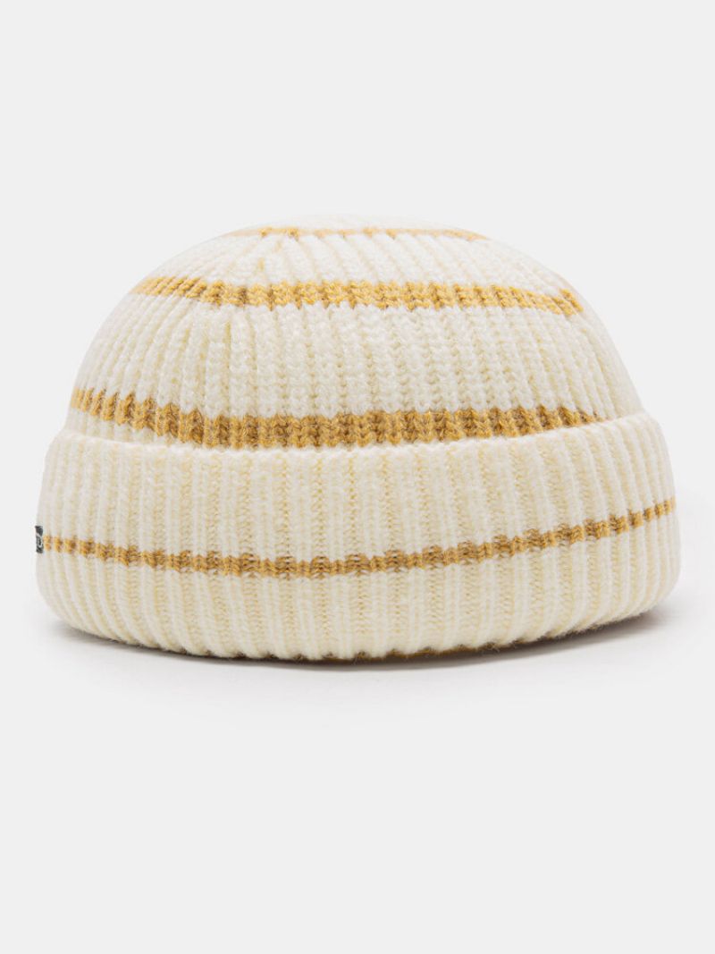 Unisex Akrylstrikket Farge Kontrast Nålestripe Brevetikett All-match Brimless Beanie Utleier Cap Skull Cap