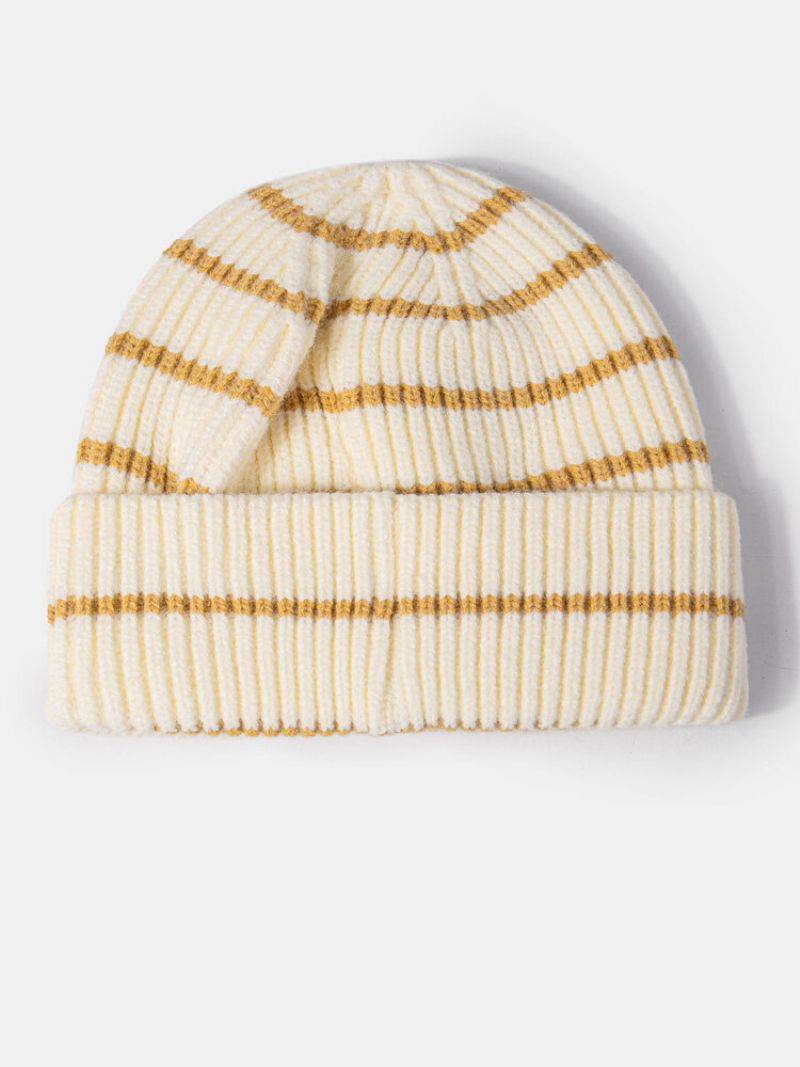 Unisex Akrylstrikket Farge Kontrast Nålestripe Brevetikett All-match Brimless Beanie Utleier Cap Skull Cap