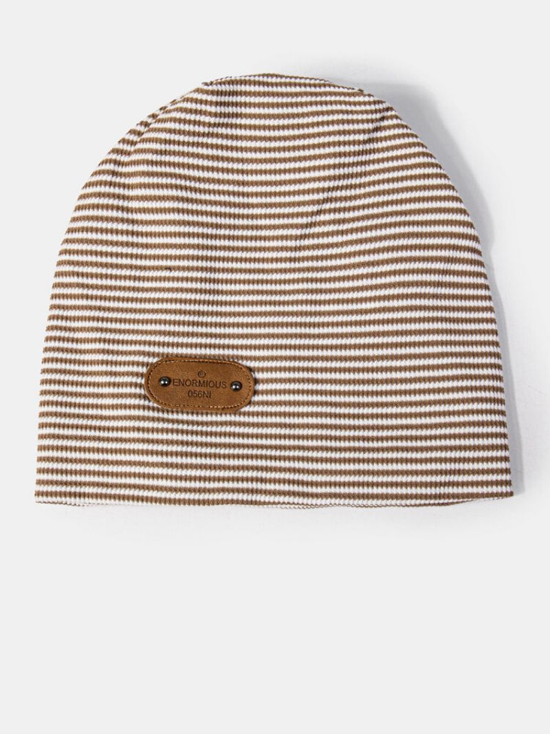 Unisex Bomull Nålestripe Bokstavnagler Pu Patch Vintage Warmth Beanie Hat