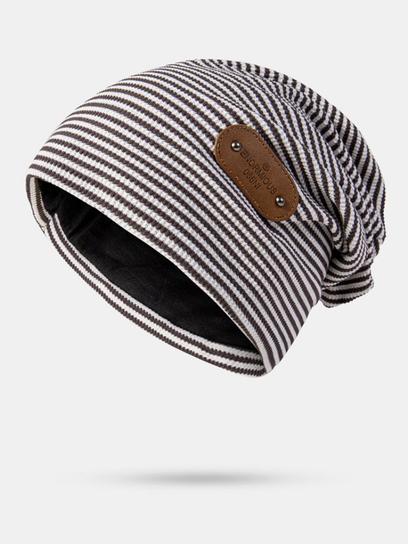 Unisex Bomull Nålestripe Bokstavnagler Pu Patch Vintage Warmth Beanie Hat