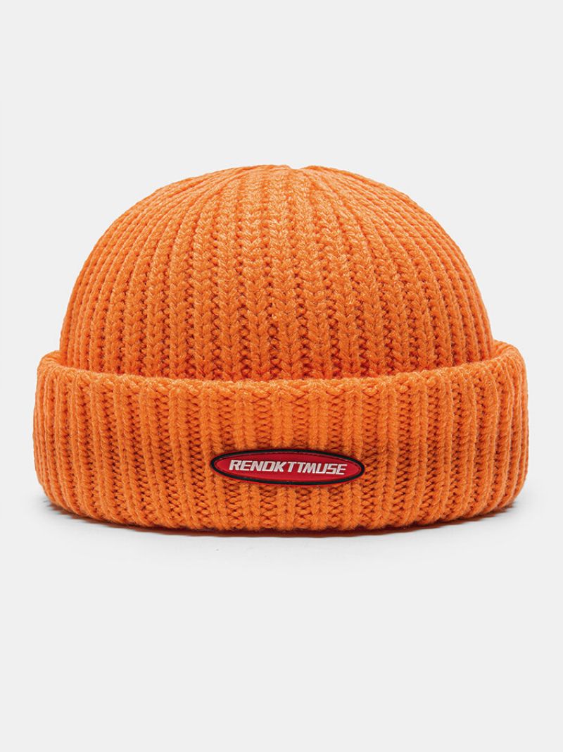 Unisex Bomull Strikket Ensfarget Brevetikett Tykk Varme Uten Kanter Beanie Utleier Cap Skull Cap