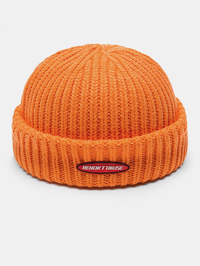 Unisex Bomull Strikket Ensfarget Brevetikett Tykk Varme Uten Kanter Beanie Utleier Cap Skull Cap