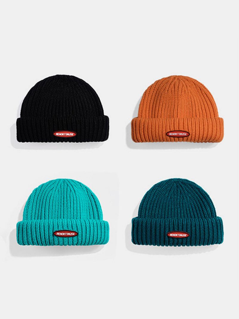 Unisex Bomull Strikket Ensfarget Brevetikett Tykk Varme Uten Kanter Beanie Utleier Cap Skull Cap