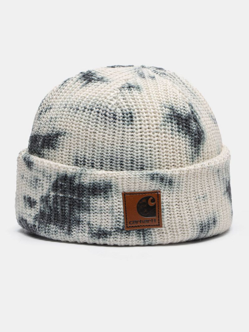 Unisex Bomull Strikket Heklet Tie-dye Bokstaver Pu-etikett Mote Varme Brimless Beanie Hat