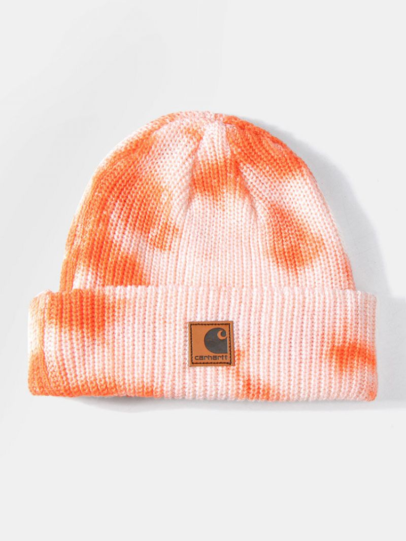 Unisex Bomull Strikket Heklet Tie-dye Bokstaver Pu-etikett Mote Varme Brimless Beanie Hat