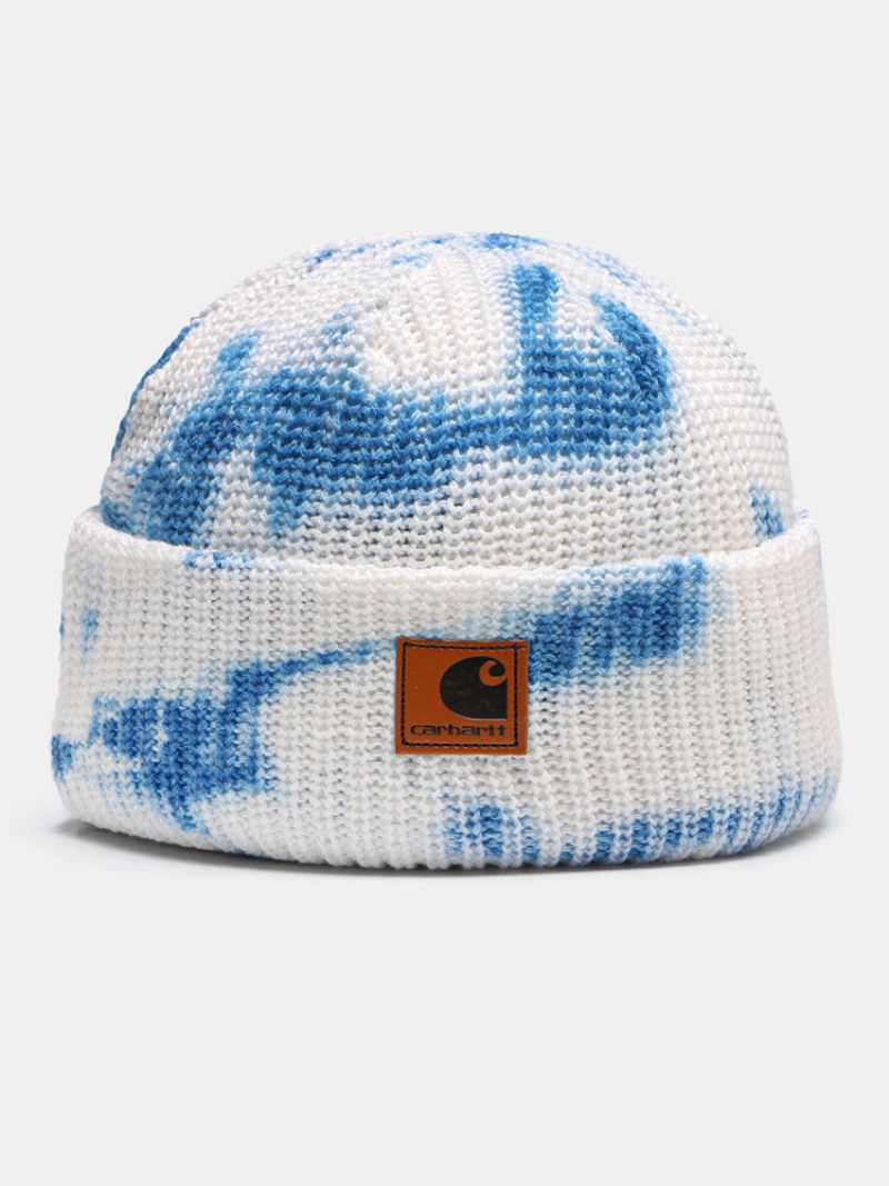 Unisex Bomull Strikket Heklet Tie-dye Bokstaver Pu-etikett Mote Varme Brimless Beanie Hat