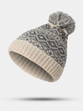 Unisex Bomullstråd Strikket Fortykket Argyle Jacquard Pels Ball Dekorasjon Varme Brimless Beanie Hat