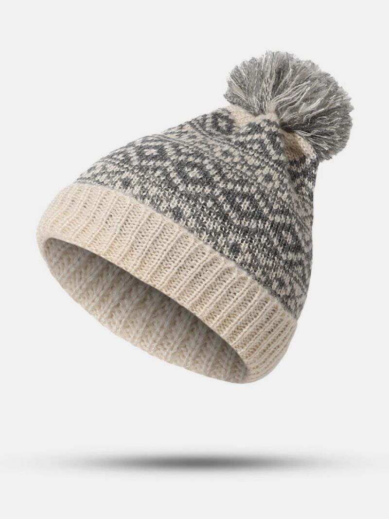 Unisex Bomullstråd Strikket Fortykket Argyle Jacquard Pels Ball Dekorasjon Varme Brimless Beanie Hat