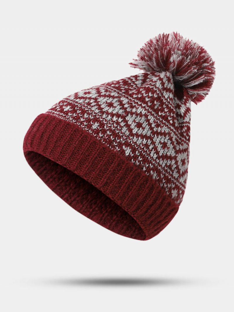 Unisex Bomullstråd Strikket Fortykket Argyle Jacquard Pels Ball Dekorasjon Varme Brimless Beanie Hat