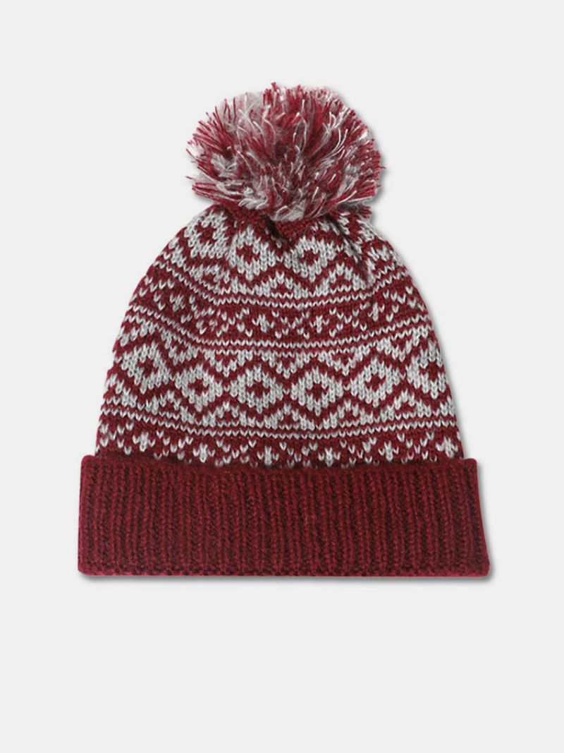 Unisex Bomullstråd Strikket Fortykket Argyle Jacquard Pels Ball Dekorasjon Varme Brimless Beanie Hat