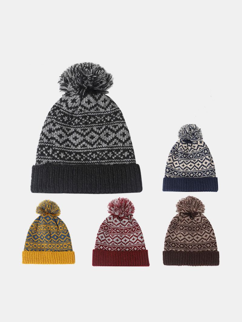 Unisex Bomullstråd Strikket Fortykket Argyle Jacquard Pels Ball Dekorasjon Varme Brimless Beanie Hat