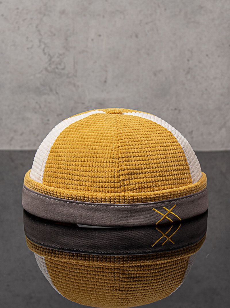 Unisex Corduroy Fargematch Patchwork Broderetråd All-match Brimless Beanie Landlord Cap Skull Cap