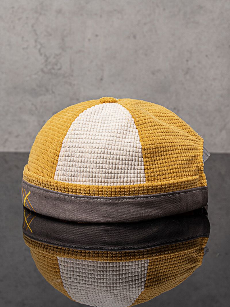 Unisex Corduroy Fargematch Patchwork Broderetråd All-match Brimless Beanie Landlord Cap Skull Cap