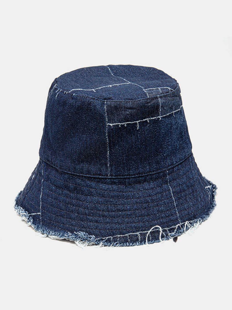 Unisex Denim Distressed Frynsete Kant Vintage Uformelt Solseil Sammenleggbare Flate Hatter Bøttehatter