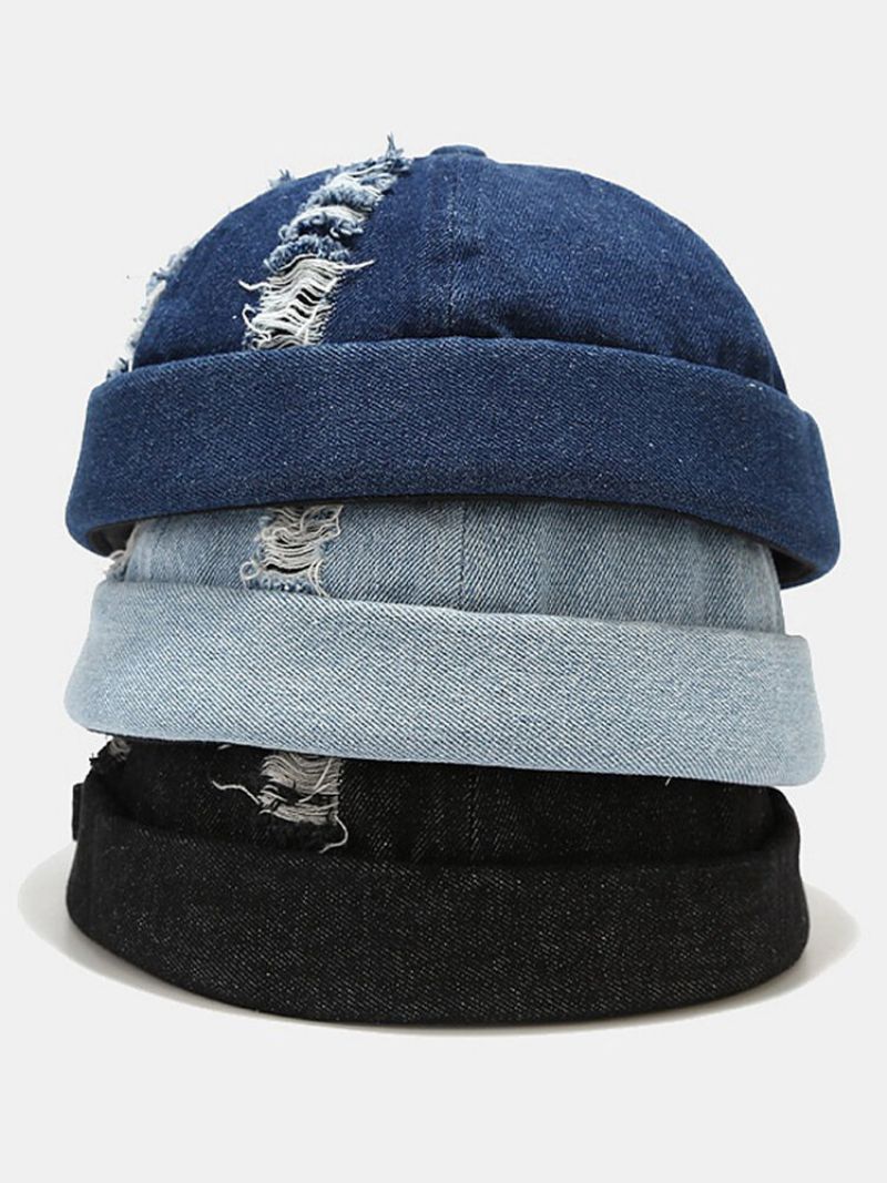 Unisex Denim Ødelagte Hull Laget Gammel Mote Utendørs Bue Uten Kanter Utleier Cap Hodeskalle Cap