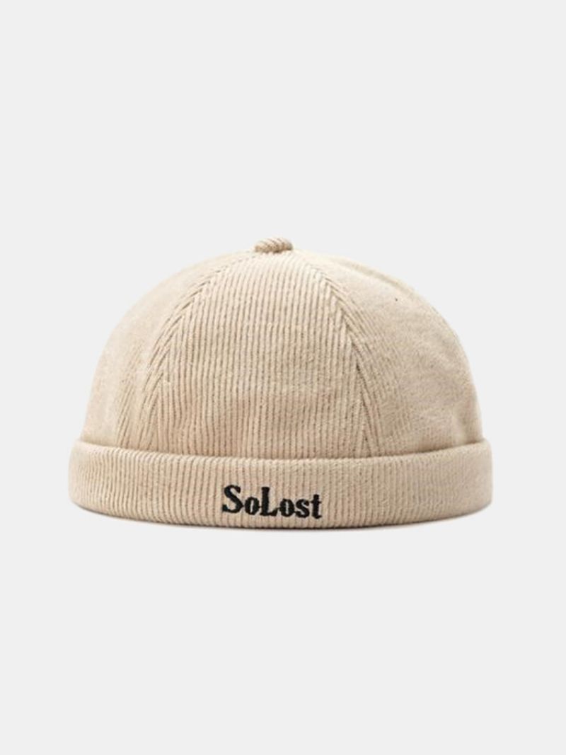 Unisex Kordfløyel Ensfarget Bokstavmønster Broderi All-match Warmth Brimless Beanie Landlord Cap Skull Cap