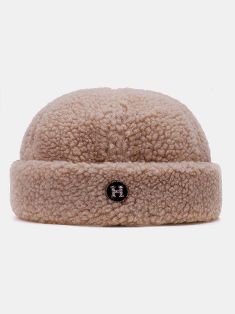 Unisex Lammeull Ensfarget Brev Rund Etikett All-match Varme Brimless Beanie Utleier Cap Skull Cap